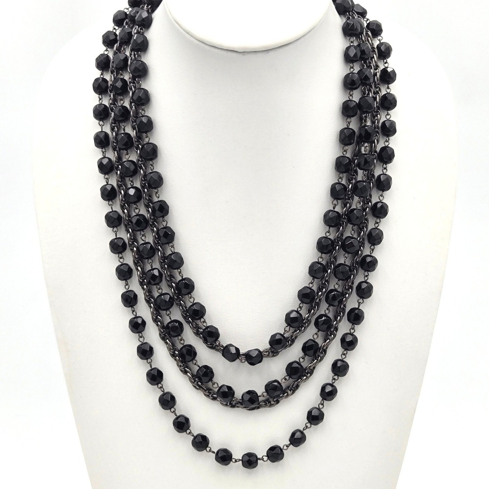 Multi Strand Faceted Black Glass Bead Gunmetal Chain Tiered Necklace 24 Inches
